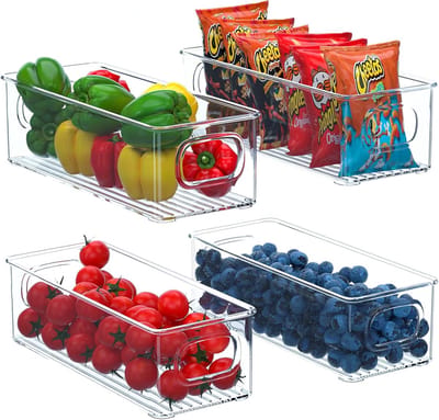 Famanu - Koelkast-organizer, 4-delige set, stapelbare keuken-opbergdoos, kleine koelkastdozen met handgreep, transparante container voor keuken, kasten, vriezer, voorraadkast, BPA-vrij