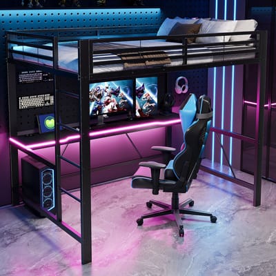 PHOEBE CAT Hoogslaper - 140x200 cm - Metalen frame - LED-verlichting - USB-oplaadpunt - Met bureau - Zwart