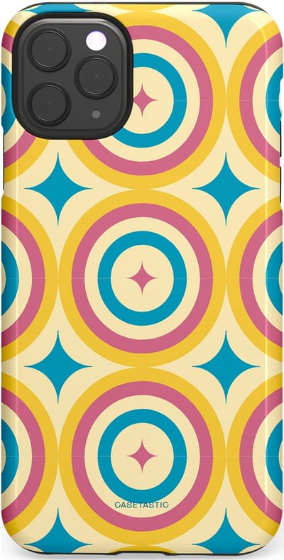 Casetastic hoesje geschikt voor Apple iPhone 11 Pro Max - Dubbellaagse bescherming - Swinging Retro Boogie Circles - Fashion Case - Crème Goud Lichtblauw Koraal