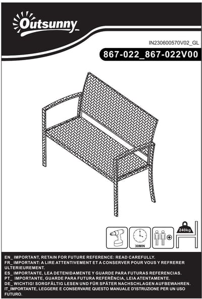 YYchan tuinbank voor buiten - 2 personen - grijs - 122 x 60 x 85 cm