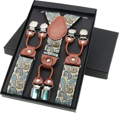 Chique moderne bretels - Crème paisley dessin - middenbruin leer - 6 stevige clips - heren - unisex