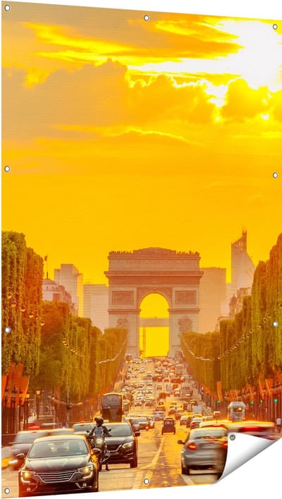 Gards Tuinposter Arc de Triomphe bij de Autoweg - 100x150 cm - Tuindoek - Tuindecoratie - Wanddecoratie buiten - Tuinschilderij