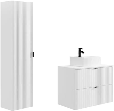 Vente-unique Gestreept hangmeubel voor badkamer met opbouwwastafel en kolom - Mat wit - 80 cm - ZEVINI