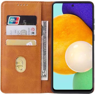 Smartphonica Samsung Galaxy A52 5G leren hoesje met magnetische sluiting en pashouders – Bruin geschikt voor Samsung Galaxy A52 5G