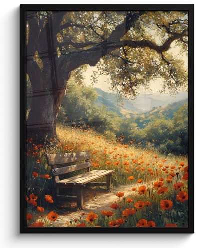 Poster in lijst - Fotolijst 50x70 cm - Posters - Bankje - Boom - Klaprozen - Heuvels - Posterlijst zwart - Decoratie - Wanddecoratie woonkamer - Muurdecoratie slaapkamer