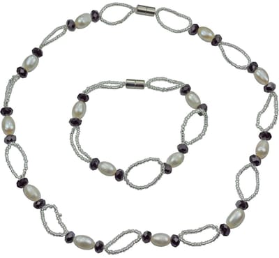 Zoetwater parel set Zwicio - parelketting + parel armband - echte parels - wit - zwart - zilver - magneetslot - luxe sieraden zakje - parelketting dames - parel armband dames