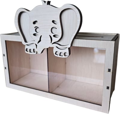 Houten Spaarpot Tweeling met Olifant – Dubbele Spaarpot met 2 Vakken [Kraamcadeau Tweeling] – [Baby Spaarpot Hout]
