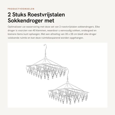 Dailygoods- Sokkendroger set van 2 - Roestvrij Stalen - 35 x 28 cm - Hangend - 40 Klemmen - Ideaal voor Camping/Balkon - Wasrek