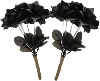 Halloween bloemen boeket - 2x - zwarte rozen - 35 cm - Horror decoratie accessoires - Horrorbruid boeket