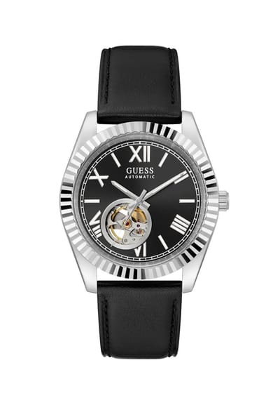 Guess Connoisseur Quartz Analoog Horloge Zwart En Zilver Kast: 100% Gerecycled Staal | Armband: 100% Echt Leer 42 mm GW0985G1