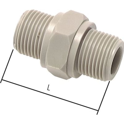 Dubbele Nippel G1/4'' Polypropyleen (PP) 10bar FDA 17mm Hex [2 Stuks]