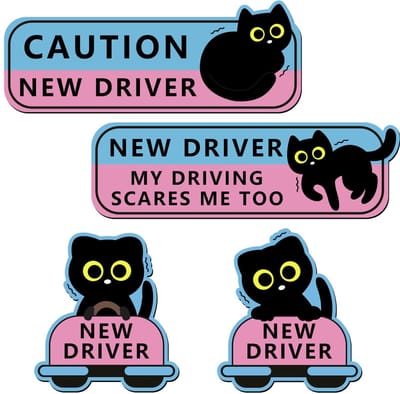 Dailygoods- Magneet Sticker Zwarte Kat - Set van 4 - Veiligheidsbord - Grappige Waarschuwing - Reflecterend - Voor Beginnende Bestuurders - Auto Sticker