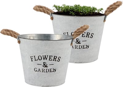 DK Design Plantenpot/bloempot emmer Jardin- 2x - zink - wit - D23 x H18 cm