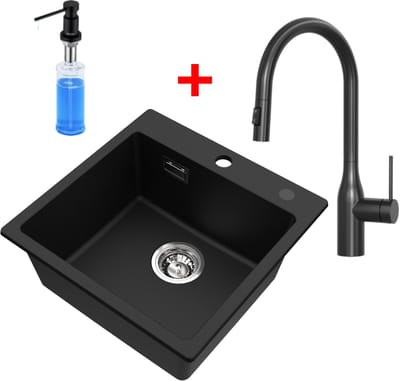 CECIPA Max Spoelbak Met Kraangat - Granieten Spoelbak Met Uittrekbare Uitloop Keukenkraan en Zeepdispenser 300ML - 45x45cm Graniet Spoelbak Onderbouw Spoelbak - 80% kwartszand en 20% hars - Antraciet