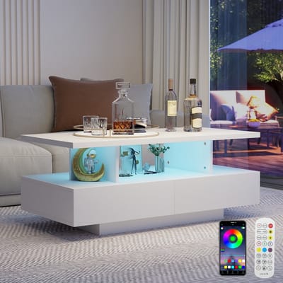 Puluomis Salontafel - Stijlvolle bijzettafel met 2 lades - LED Verlichting - 105x50x41.5 cm - Koffietafel voor woonkamer - Wit