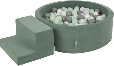 KiddyMoon speelruimte fluweel van schuim met fluweel rond ballenbad ballenbad (100 ballen) + kleine ballenbakken voor baby's speelbad hindernisbanen, made in the eu, forest green: wit/grijs/mint