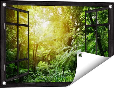 Gards Tuinposter Doorkijk Tropische Jungle met Zonneschijn - 60x40 cm - Tuindoek - Tuindecoratie - Wanddecoratie buiten - Tuinschilderij