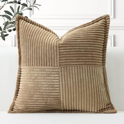 Famanu – Gestreepte corduroy ribfluweel kussenhoezen (50x50 cm) – boho splicing/patchwork look – superzachte sierkussenhoezen voor bank/bed – bruin