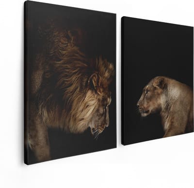 Artaza Canvas Schilderij Tweeluik Leeuw En Leeuwin - 120x80 cm - Wanddecoratie Woonkamer - Schilderijen - Muurdecoratie