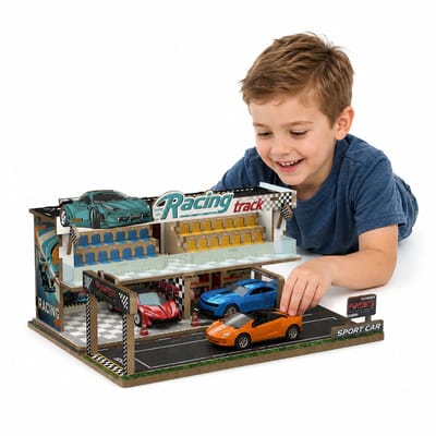 Meedeer Miniatuurmodel van een racecircuit-Houten model-Met led verlichting-Miniatuur Bouwpakket-hoge bedienbaarheid-DIY-Met 2 raceauto's