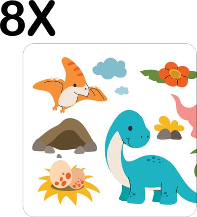 Luxe Placemat - Vrolijke Dino's - Voor Kinderen - Getekend - Set van 8 Placemats - 50x50 cm - 2 mm dik Vinyl - Anti Slip - Afneembaar