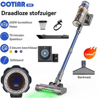 COTIAR S25 draadloze steelstofzuiger, 650 W, 60 kPa, sterke zuigkracht, 70 min werktijd, handstofzuiger, draagbaar, uitneembare accu, blauw