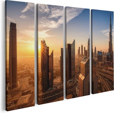 Artaza Canvas Schilderij Vierluik Dubai Stad bij Zonsopgang - 80x60 cm - Wanddecoratie Woonkamer - Schilderijen - Muurdecoratie