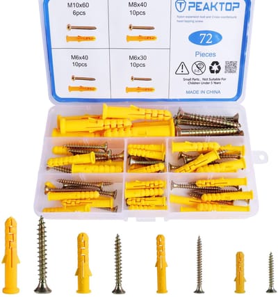 Dailygoods - 72 pluggenschroevenset, M6, M8, M10, universele pluggenset met schroeven, spreidpluggen en schroeven, zelftappende houtschroeven, verzonken kop, aandrijfschroeven voor baksteen, beton, gipsplaten