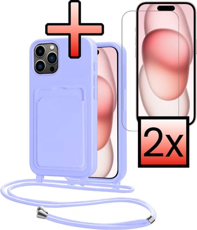 Hoes Geschikt voor iPhone 14 Pro Max Hoesje Pasjeshouder Cover Met Koord Case Siliconen Hoes Met Telefoonkoord en Kaarthouder Met 2x Screenprotector - Lila