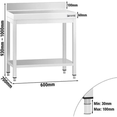 GGM Gastro Edelstahl Arbeitstisch PREMIUM - 600x700mm - mit Grundboden & Aufkantung Zilver
