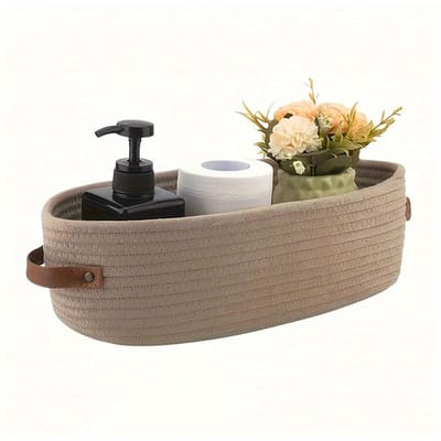 1 Stuk Beige Gestreepte Badkamer Opbergmand met Bruine Imitatieleer Handvatten - Ovaal, Multifunctionele Opbergmand voor Badkamerbenodigdheden, Badkamer bruin