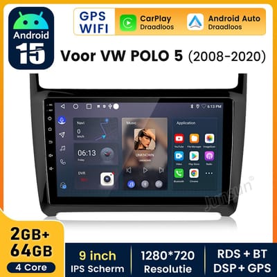 Hexinex 9" autoradio Geschikt voor VW Polo 5 (2008-2020) - Draadloos CarPlay, Android Auto, Android 15, multimediaspeler, 2GB+64GB