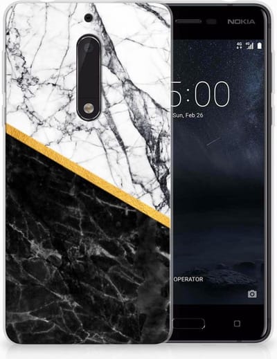 Nokia 5 TPU Siliconen Hoesje Marmer Wit Zwart - Origineel Cadeau Man