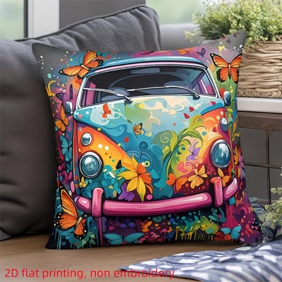 Kleurrijke Vintage Van Kussensloop, Hippie Bloem Vlinder Auto Kussenhoes, Boho Psychedelische Woondecoratie, Woonkamer Bank Plaid 60x60cm