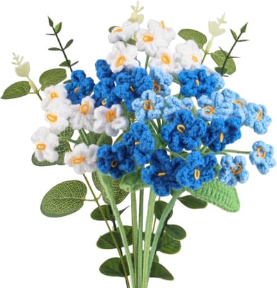 Gehaakte bloemen in blauw en wit, 11 stuks boeket met kunstbladeren voor Moederdag, Valentijnsdag en interieurdecoratie, perfect voor feestelijke gelegenheden en als cadeau