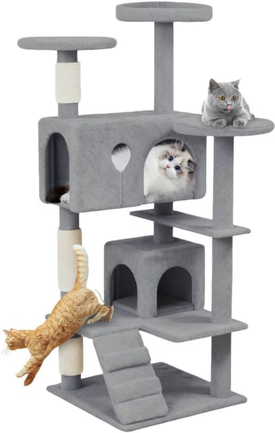 Grote krabpaal van 130 cm, zeer actieve krabpaal met sisalpalen, platforms, kattenhol en klimladder. Antislip klimpaal voor binnenkatten (K1254, grijs) NAIZY