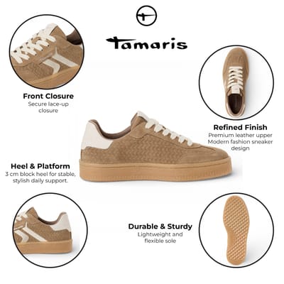 Tamaris dames sneakers van taupekleurig leer met witte strepen