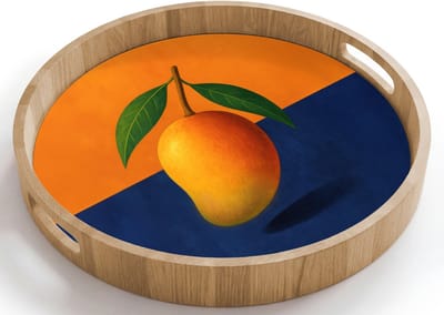 Dienblad rond 40x40 cm - Schootdienblad hout - Mango - Vlakken - Bladeren - Oranje - Borrelplank rechthoek - Plateau houten dienbladen