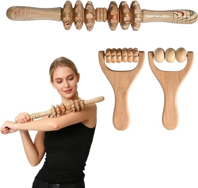 Houten massagerollenset van 3 delen voor effectieve spierontspanning, ideaal voor rug, nek en schouders, perfect voor thuisgebruik en onderweg