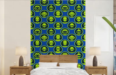 Behang - Fotobehang Patronen - Robot - Geel - Blauw - Jongens - Kinderen - Kids - Jongetje - Breedte 140 cm x hoogte 220 cm