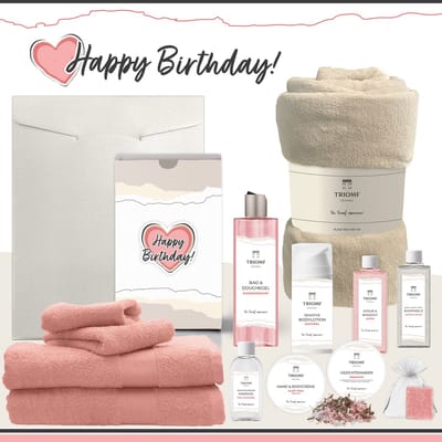 Geschenkset “Happy Birthday!” - 13 producten - 2000 gram | Triomf Original - Giftset voor haar Cadeau Valentijnsdag Luxe wellness cadeaubox Vrouw Ik hou van jou Cadeaupakket Kerst Geschenk Moeder Verjaardag Gift Set Valentijn Vriendin Beige Roze