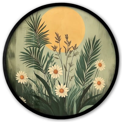 Poster in lijst Rond - Fotolijst 40x40 cm - Posters - Bloemen - Bladeren - Zon - Groen - Ronde posterlijst zwart - Decoratie - Wanddecoratie woonkamer - Muurdecoratie slaapkamer