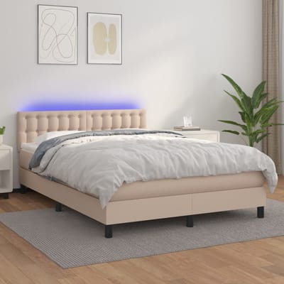 vidaXL - Boxspring - met - matras - en - LED - kunstleer - cappuccinokleur - 140x200cm