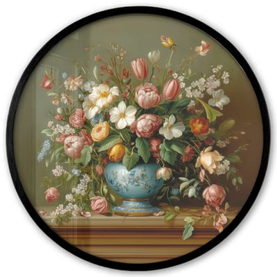 Poster in lijst Rond - Fotolijst 40x40 cm - Posters - Vaas - Pastel - Kleuren - Bloemen - Ronde posterlijst zwart - Decoratie - Wanddecoratie woonkamer - Muurdecoratie slaapkamer