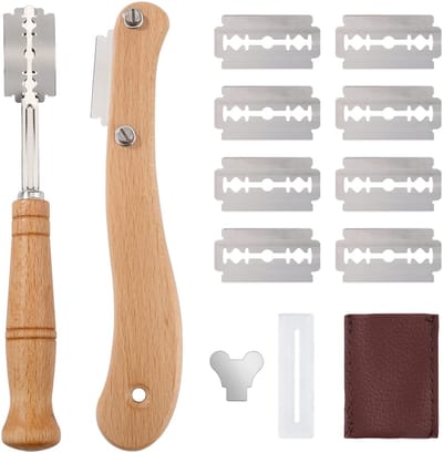 NTH products- Bakkersmessen Set - Broodmes/Deegmes - Roestvrij Staal - Houten Handvat - 10 Verwisselbare Messen - Veilig Gereedschap - Broodsnijder