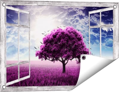 Gards Tuinposter Doorkijk Paarse Boom in het Paars Veld met Vogels - 60x40 cm - Tuindoek - Tuindecoratie - Wanddecoratie buiten - Tuinschilderij