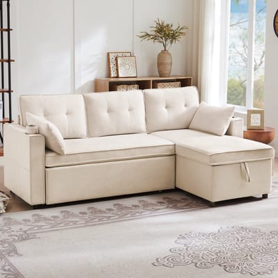 L-vorm slaapsofa met opbergvak en drankhouders - 3-4 persoons bank met slaapfunctie - bed 211x130 cm - beige, grijs - uitwisselbare chaise longue - hoge rugleuning - incl. 2 kussens