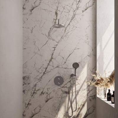 Brauer Brushed Edition thermostatische inbouw regendouche 3-weg rond SET 81 met 20 cm douchekop en gebogen muurarm en 3-standen handdouche en doucheslang en wandaansluitbocht RVS geborsteld PVD