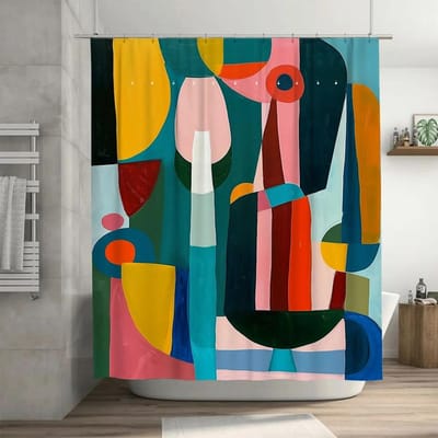 Abstract Kleurrijk Kunst Douchegordijn Modern Waterverf Ontwerp Voor Badkamer Decoraties – Levendige Geometrische Vormen In Geel, Blauw, W180H200(CM)-1 Pcs