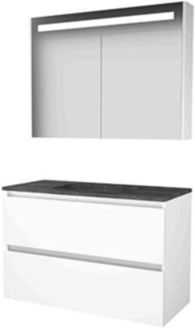 Basic-Line Premium 46 Badkamermeubelset - 100 x 46 cm - Greeploos - 2 Lades - Hardstenen Wastafel - 1 Kraangat - Spiegelkast met LED Verlichting - Ice White